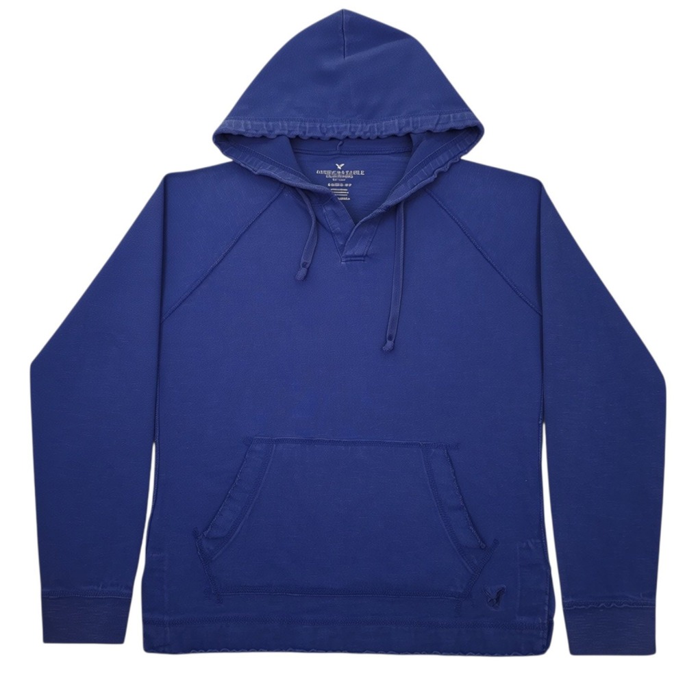 American Eagle Hoodie Mens XS Blue Cotton Henley Classic Fit Raglan Pullover